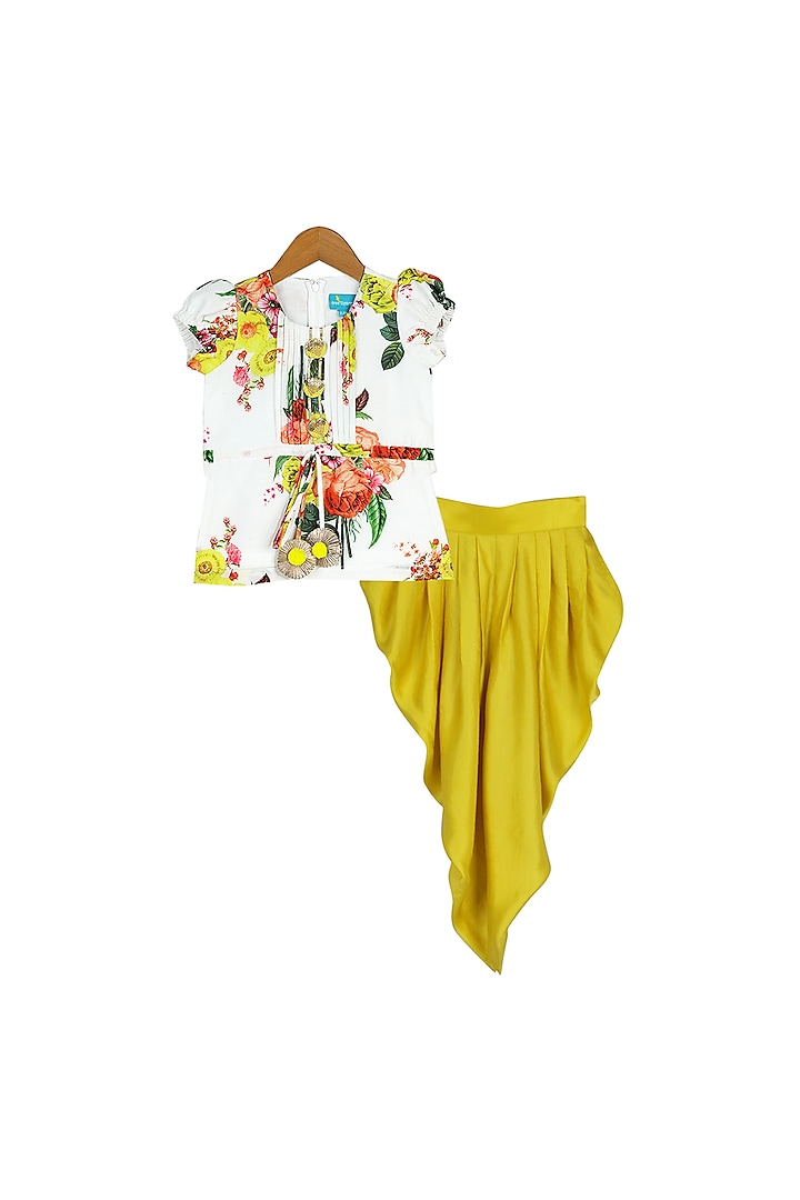 White & Yellow Floral Dhoti Set For Girls by Free Sparrow
