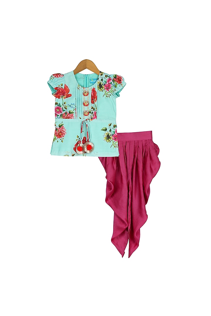 Seagreen & Red Floral Dhoti Set For Girls by Free Sparrow