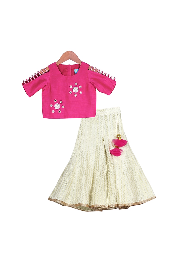 Magenta Crop Top With Champagne Palazzo Pants For Girls by Free Sparrow