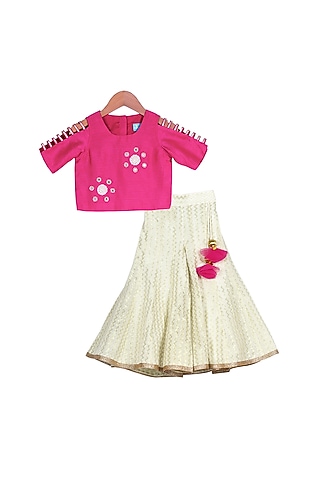 Magenta Crop Top With Champagne Palazzo Pants For Girls by Free Sparrow