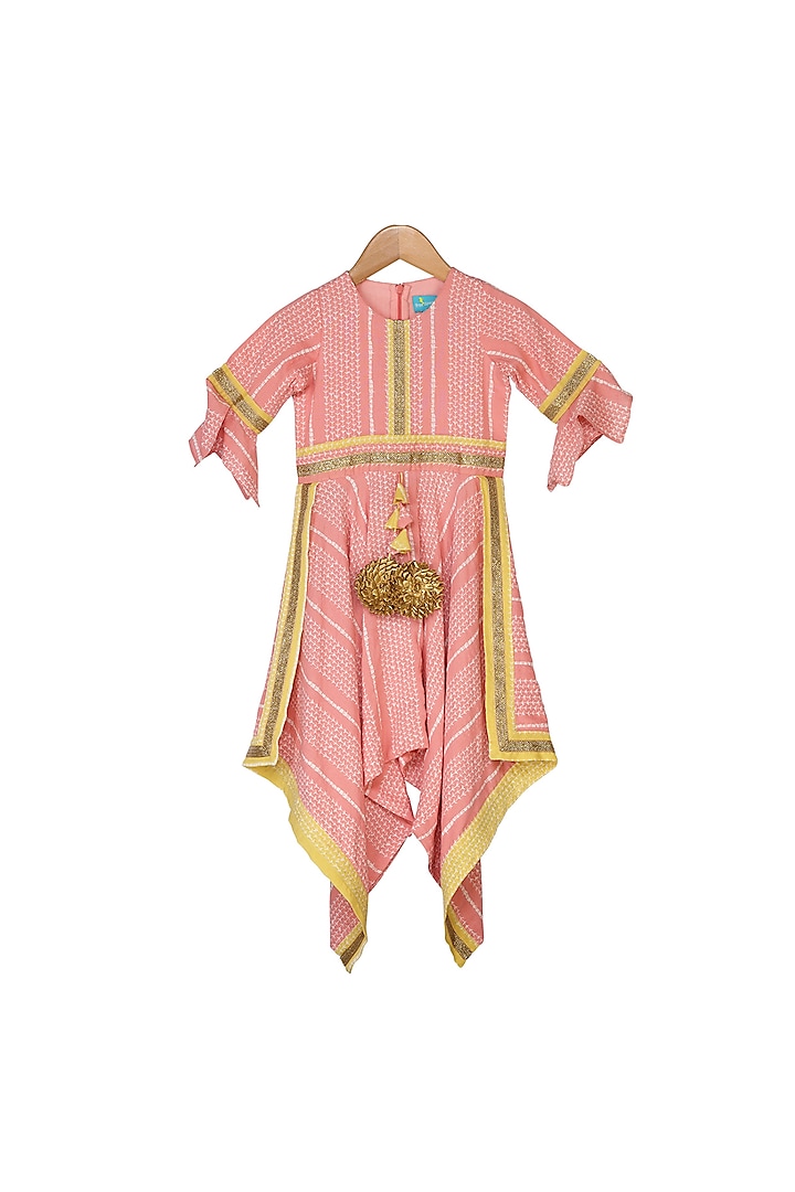 Peach & Yellow Printed Jumpsuit For Girls by Free Sparrow