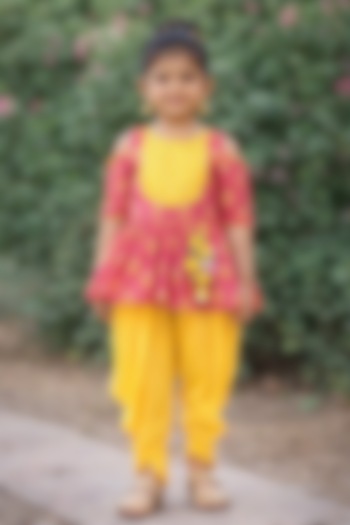 Fuchsia & Yellow Embroidered Dhoti Set For Girls by Free Sparrow at Pernia's Pop Up Shop