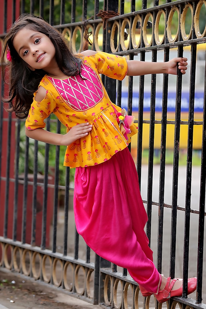 Yellow and Fuchsia Pink Embroidered Dhoti Set For Girls by Free Sparrow at Pernia's Pop Up Shop