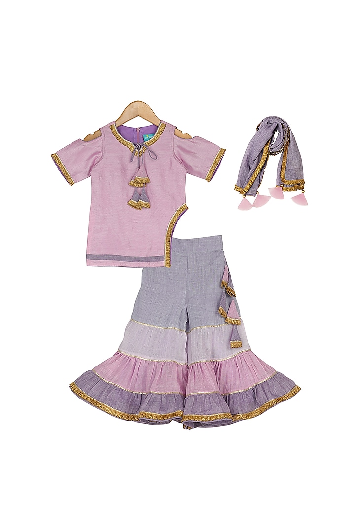 Lilac Sharara Set With Cold Shoulder Sleeves For Girls by Free Sparrow