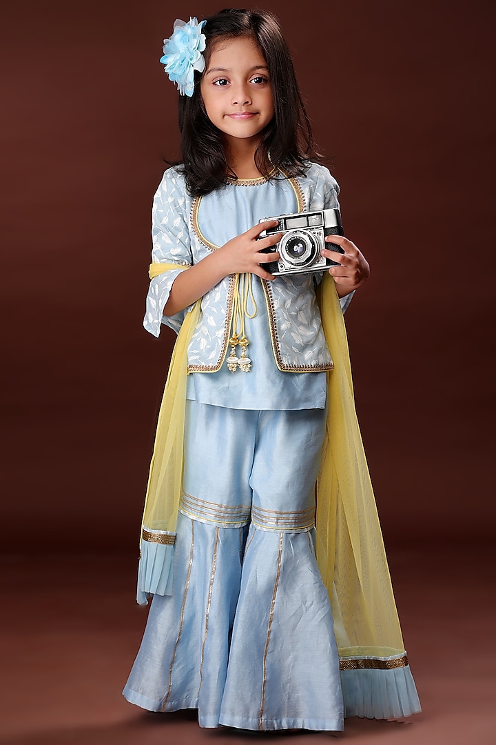 Blue Printed Sharara Set With Jacket For Girls by Free Sparrow