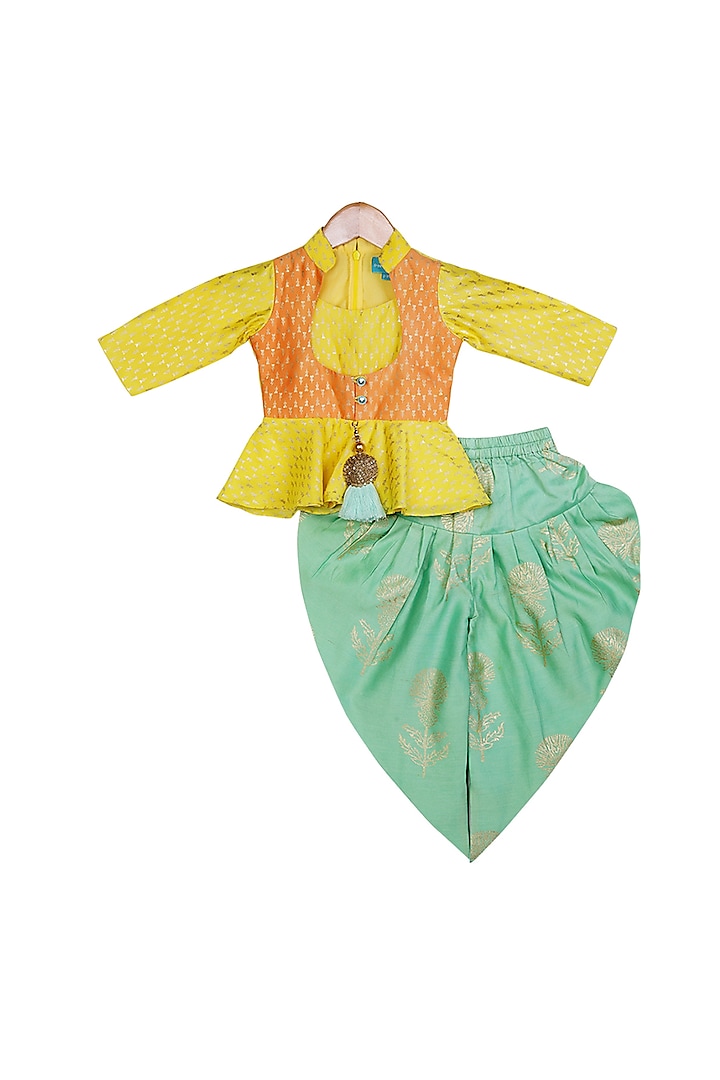 Yellow, Orange & Sea Green Printed Dhoti Set For Girls by Free Sparrow