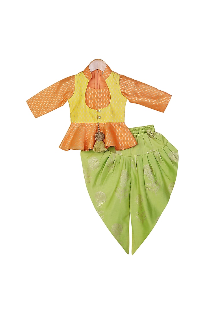 Orange, Yellow & Light Green Printed Dhoti Set For Girls by Free Sparrow