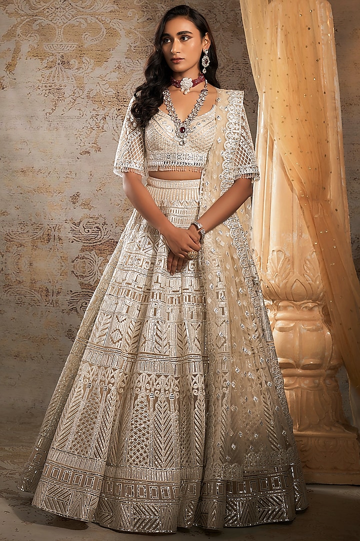 Beige Tulle Bridal Bridal Lehenga Set by Falguni Shane Peacock at Pernia's Pop Up Shop