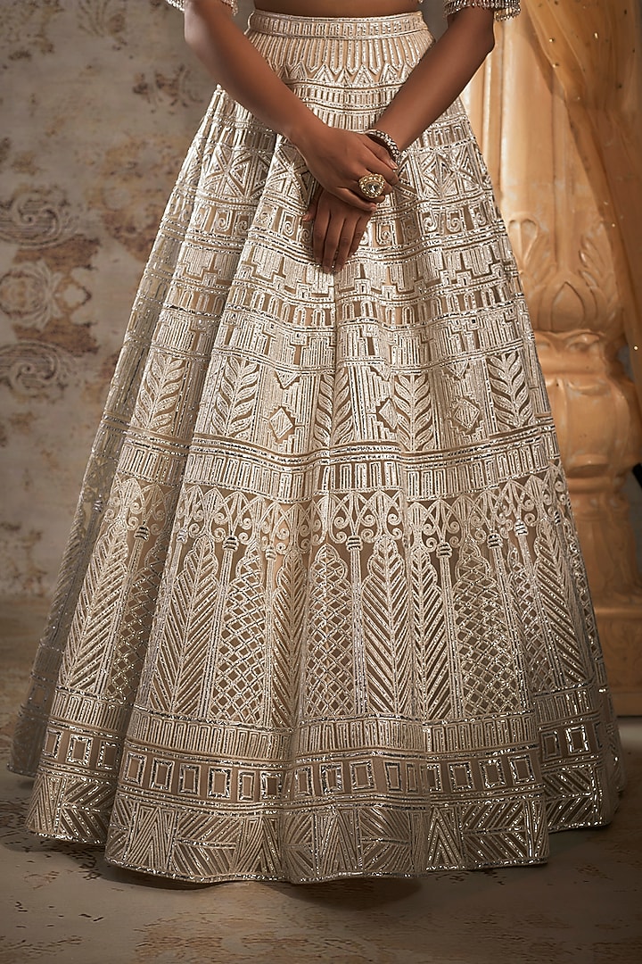 Beige Tulle Bridal Bridal Lehenga Set by Falguni Shane Peacock at Pernia's Pop Up Shop