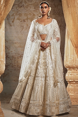 White & Gold Tulle Bridal Lehenga Set by Falguni Shane Peacock