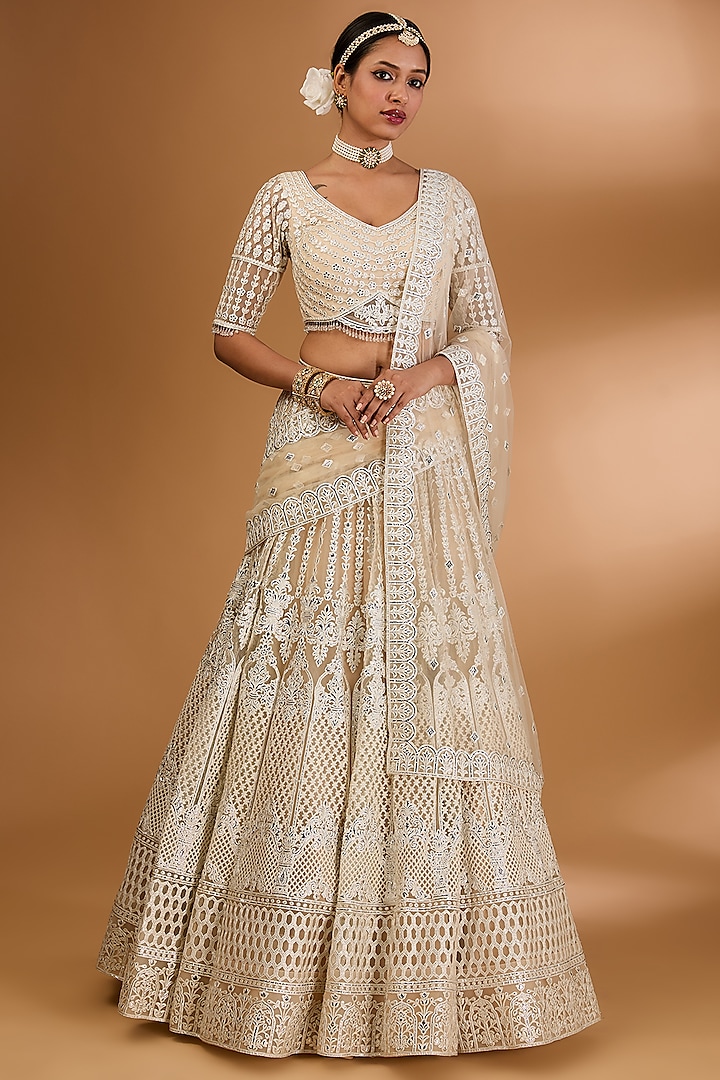 Beige Net Embroidered Bridal Lehenga Set by Falguni Shane Peacock India at Pernia's Pop Up Shop