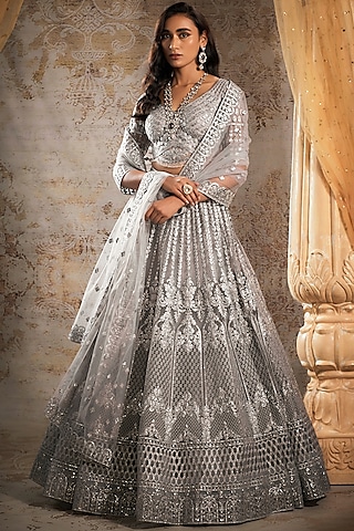 Grey Tulle Bridal Lehenga Set by Falguni Shane Peacock