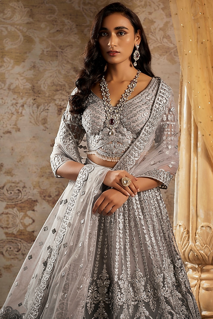 Grey Tulle Bridal Bridal Lehenga Set by Falguni Shane Peacock at Pernia's Pop Up Shop