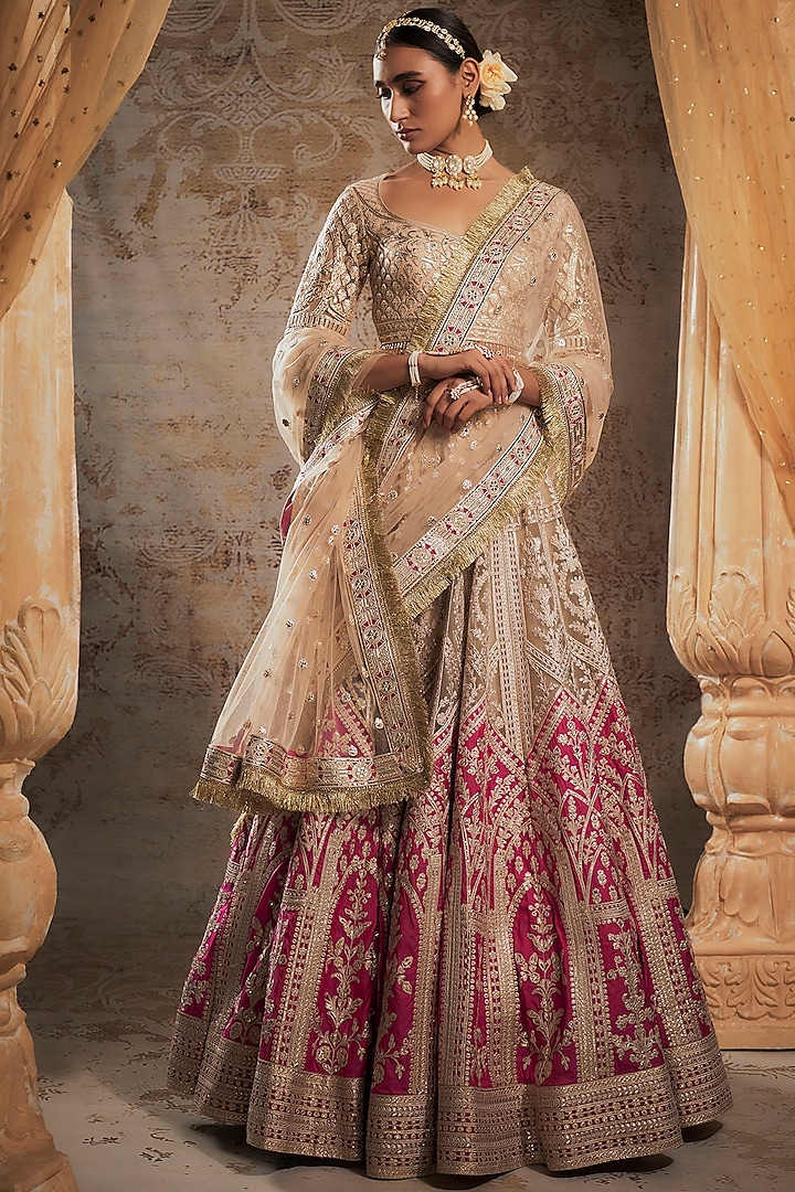 Beige Tulle Bridal Bridal Lehenga Set by Falguni Shane Peacock at Pernia's Pop Up Shop