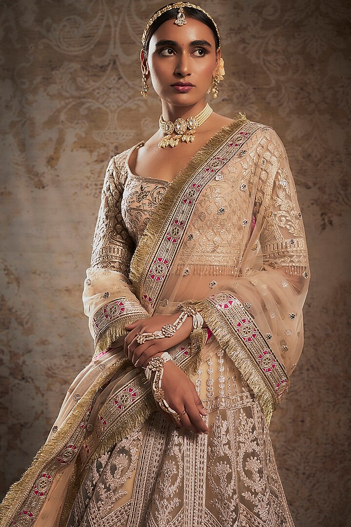 Beige Tulle Bridal Bridal Lehenga Set by Falguni Shane Peacock at Pernia's Pop Up Shop