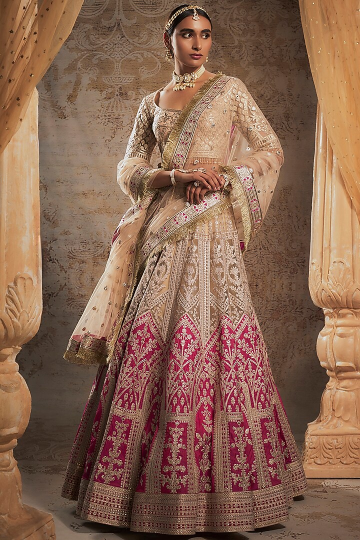 Beige Tulle Bridal Bridal Lehenga Set by Falguni Shane Peacock at Pernia's Pop Up Shop