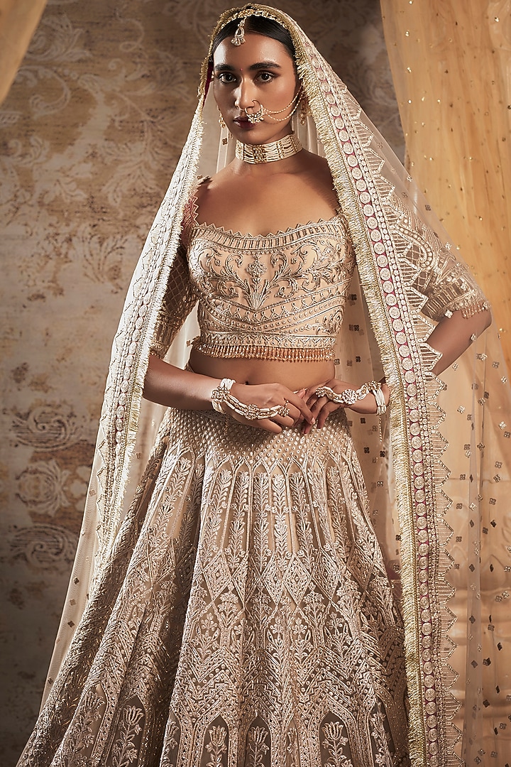 Beige Tulle Bridal Bridal Lehenga Set by Falguni Shane Peacock at Pernia's Pop Up Shop