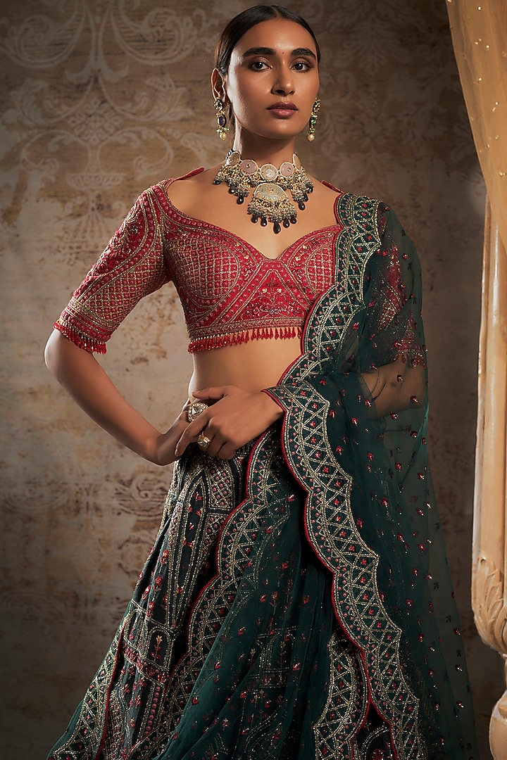 Bottle Green Tulle Bridal Bridal Lehenga Set by Falguni Shane Peacock at Pernia's Pop Up Shop