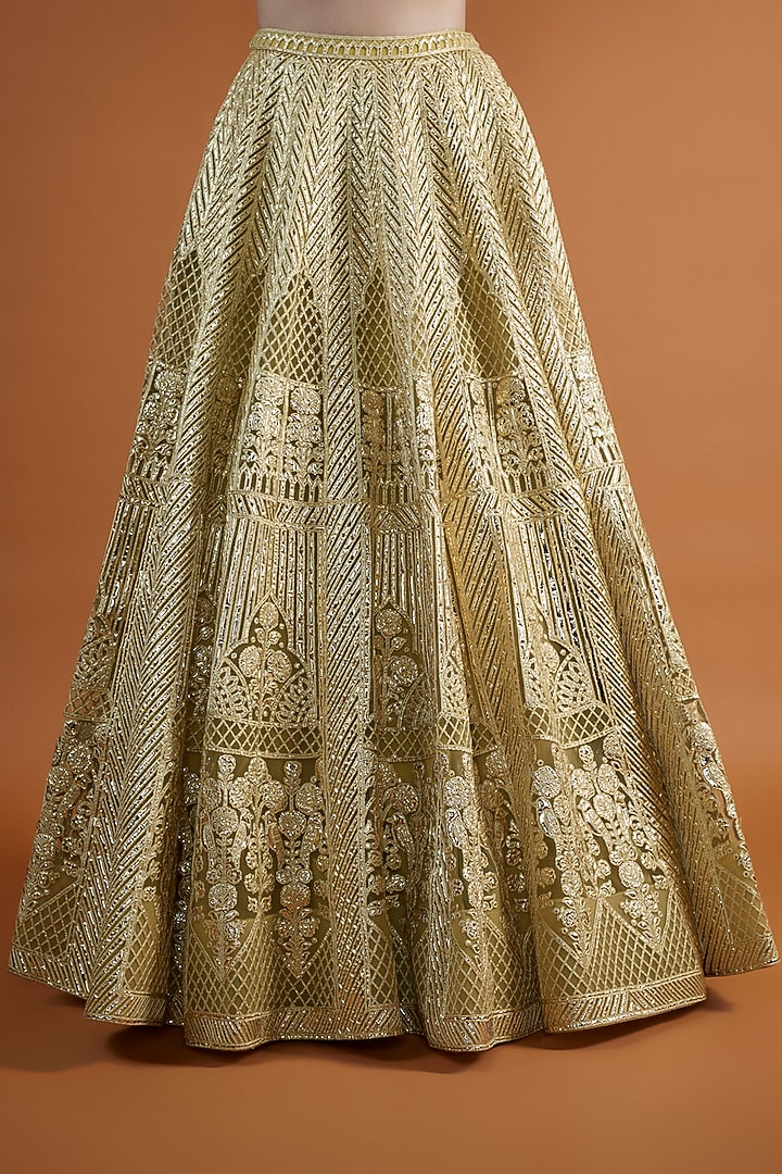 Yellow Net Embroidered Bridal Lehenga Set by Falguni Shane Peacock at Pernia's Pop Up Shop