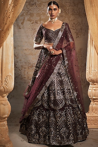Wine Tulle Bridal Lehenga Set by Falguni Shane Peacock