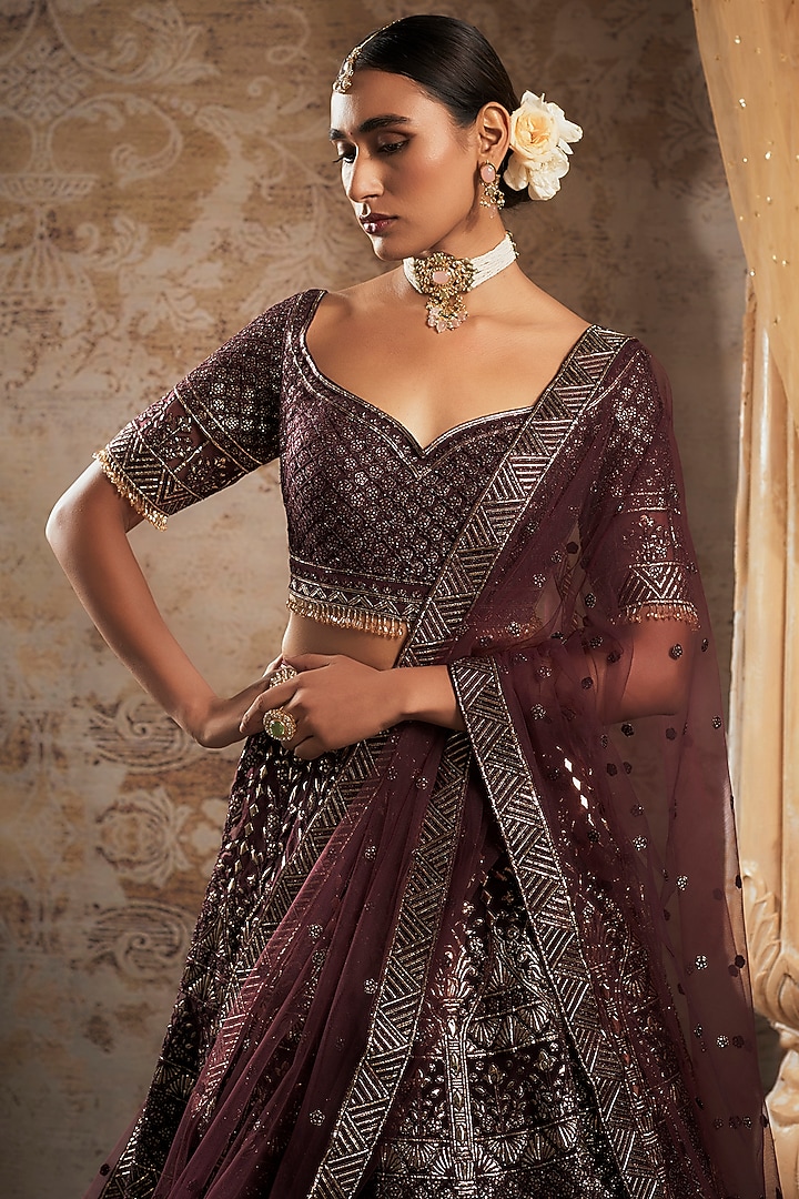 Wine Tulle Bridal Bridal Lehenga Set by Falguni Shane Peacock at Pernia's Pop Up Shop