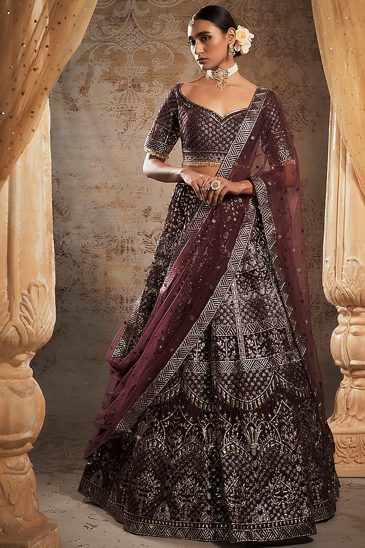 Wine Tulle Bridal Bridal Lehenga Set by Falguni Shane Peacock at Pernia's Pop Up Shop