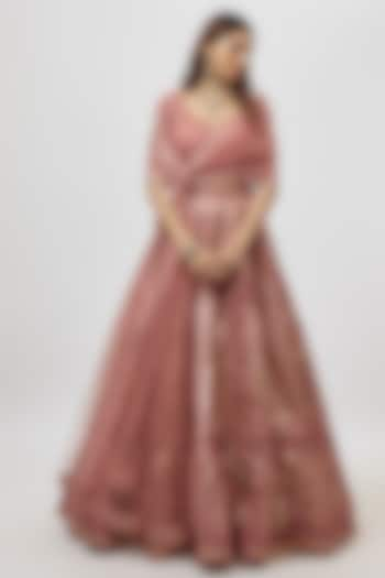 Dark Rose Pink Net Bridal Lehenga Set by Falguni Shane Peacock India at Pernia's Pop Up Shop