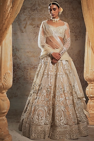 Ivory Tulle Bridal Lehenga Set by Falguni Shane Peacock
