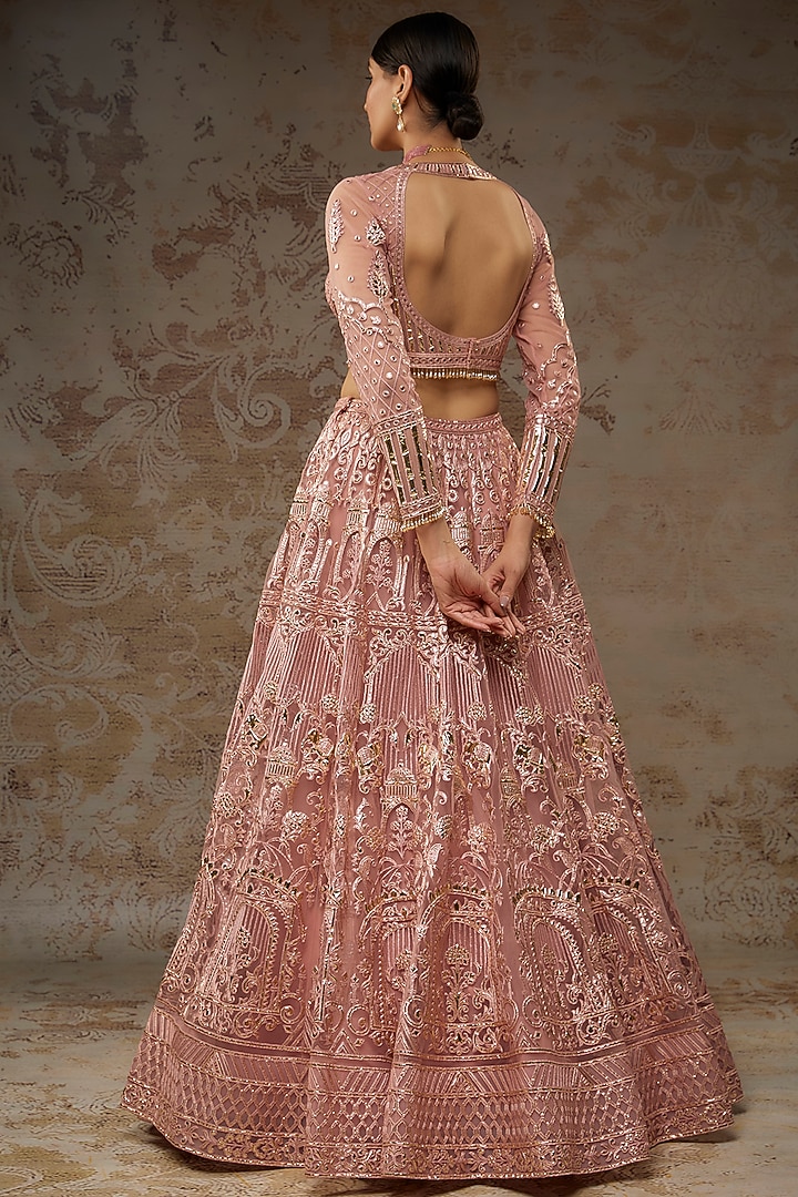Salmon Pink Net Bridal Lehenga Set by Falguni Shane Peacock at Pernia's Pop Up Shop