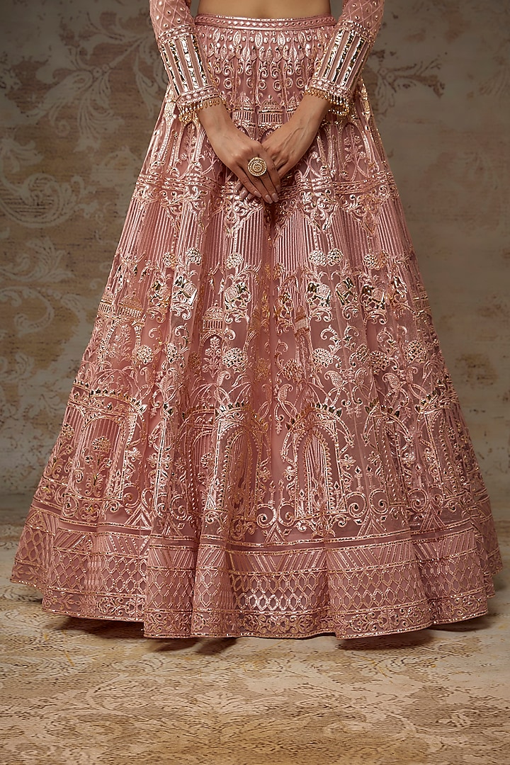 Salmon Pink Net Bridal Lehenga Set by Falguni Shane Peacock at Pernia's Pop Up Shop