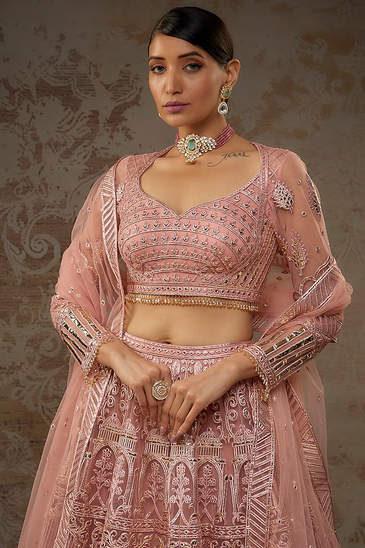 Salmon Pink Net Bridal Lehenga Set by Falguni Shane Peacock at Pernia's Pop Up Shop