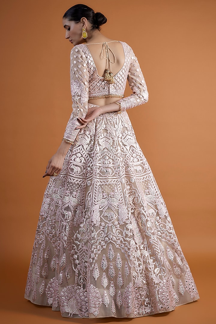 Pink Net Embroidered Bridal Lehenga Set by Falguni Shane Peacock at Pernia's Pop Up Shop