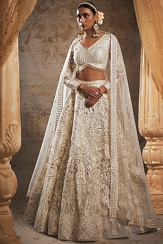 Ivory Tulle Bridal Lehenga Set by Falguni Shane Peacock