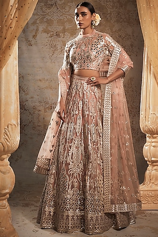 Mauve Tulle Bridal Lehenga Set by Falguni Shane Peacock