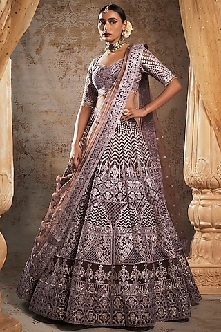 Dark Brown Tulle Bridal Lehenga Set by Falguni Shane Peacock