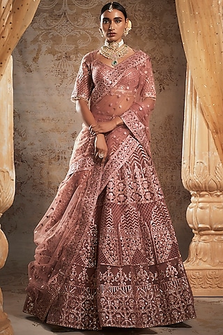 Dark Rose Tulle Bridal Lehenga Set by Falguni Shane Peacock