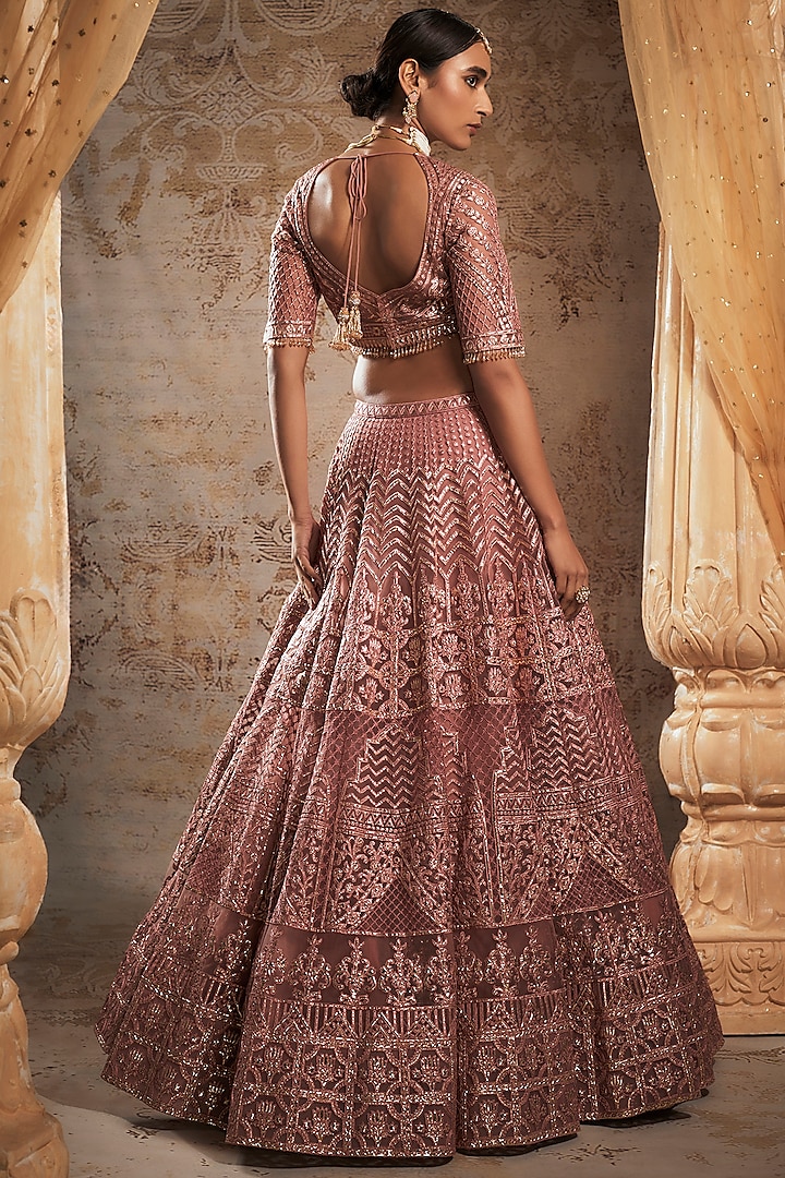 Dark Rose Tulle Bridal Bridal Lehenga Set by Falguni Shane Peacock at Pernia's Pop Up Shop