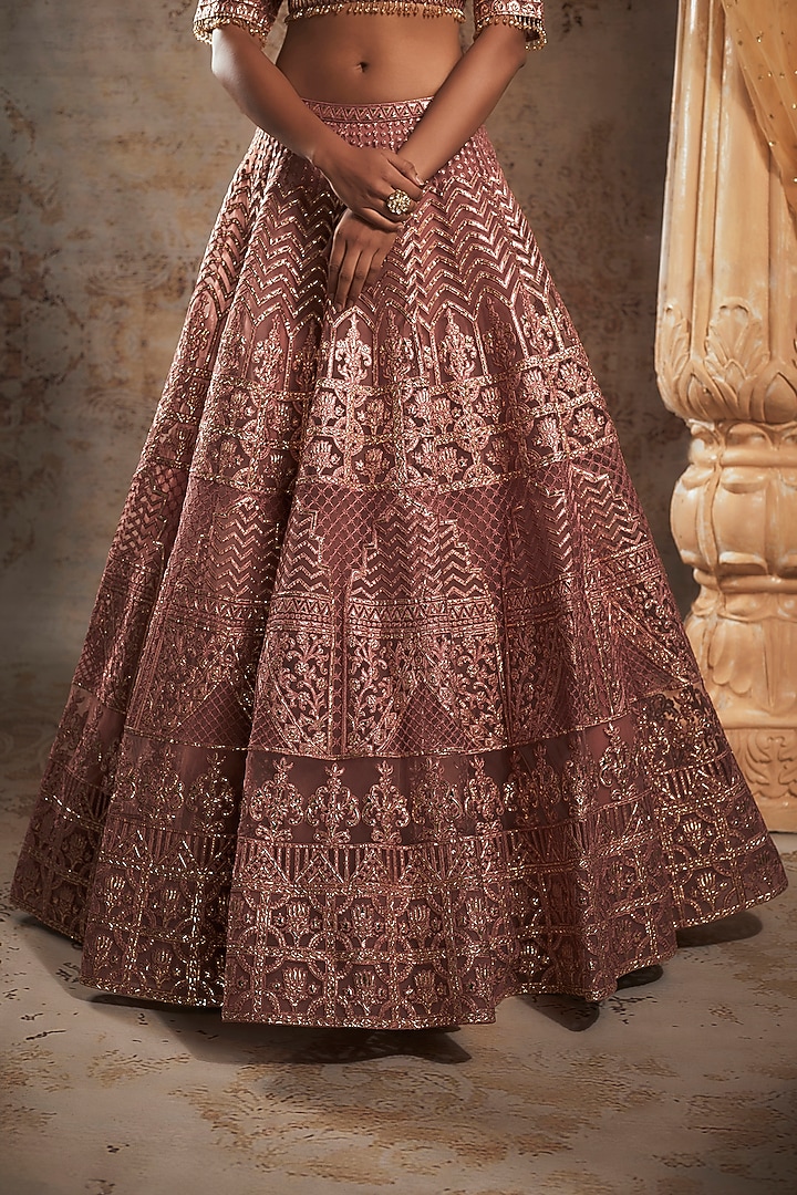 Dark Rose Tulle Bridal Bridal Lehenga Set by Falguni Shane Peacock at Pernia's Pop Up Shop