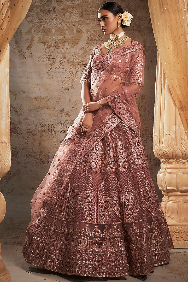 Dark Rose Tulle Bridal Bridal Lehenga Set by Falguni Shane Peacock at Pernia's Pop Up Shop
