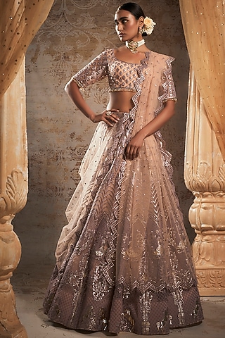 Mauve Tulle Bridal Lehenga Set by Falguni Shane Peacock