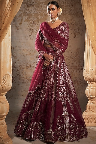 Maroon Tulle Bridal Lehenga Set by Falguni Shane Peacock