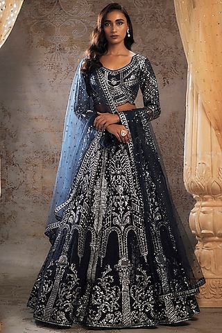 Navy Blue Tulle Bridal Lehenga Set by Falguni Shane Peacock