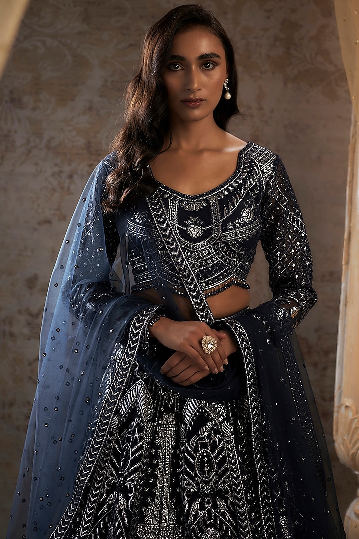 Navy Blue Tulle Bridal Bridal Lehenga Set by Falguni Shane Peacock at Pernia's Pop Up Shop