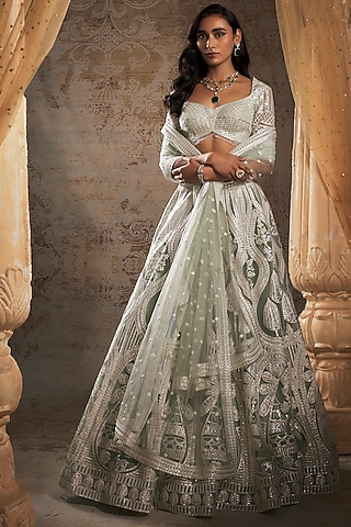 Aqua Green Tulle Bridal Lehenga Set by Falguni Shane Peacock