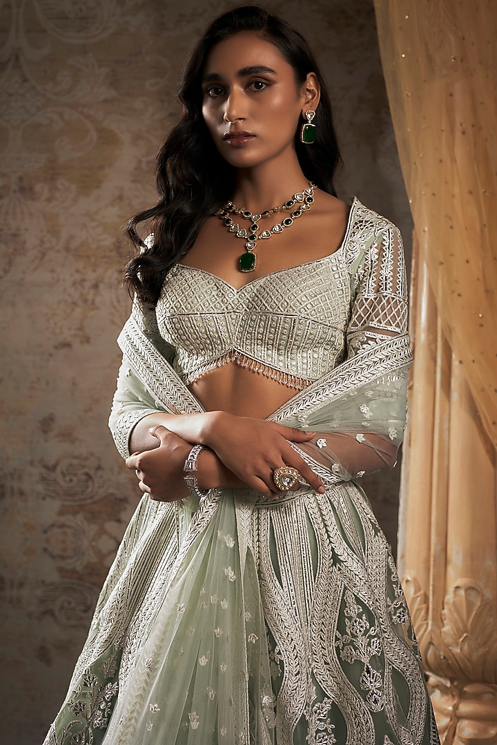 Aqua Green Tulle Bridal Bridal Lehenga Set by Falguni Shane Peacock at Pernia's Pop Up Shop