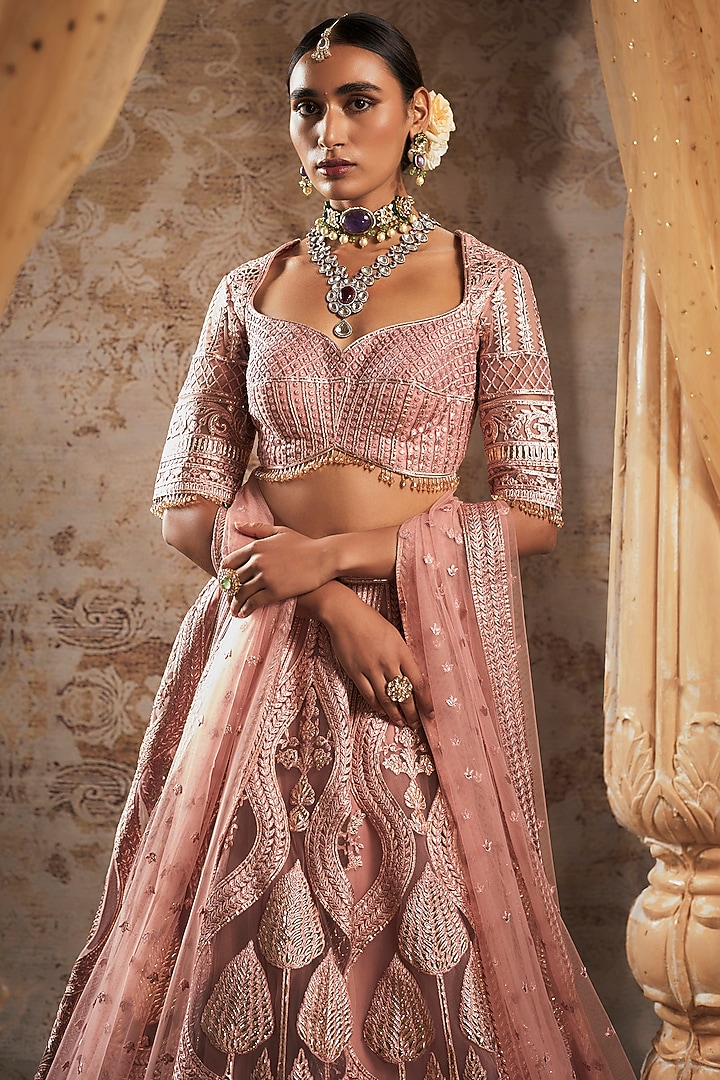 Salmon Pink Tulle Bridal Bridal Lehenga Set by Falguni Shane Peacock at Pernia's Pop Up Shop
