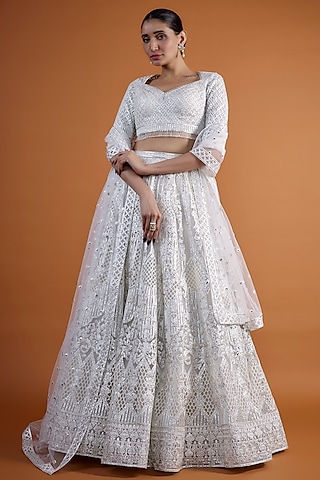 Ivory Tulle Embroidered lehenga Set by Falguni Shane Peacock