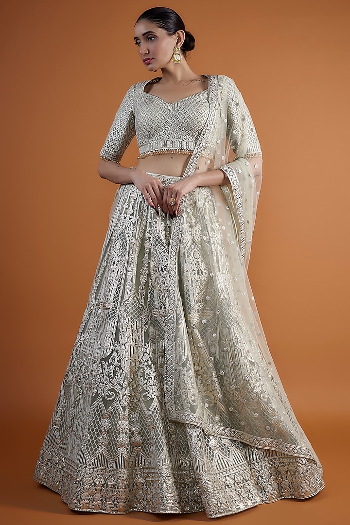 Mint Tulle Embroidered Bridal Lehenga Set by Falguni Shane Peacock at Pernia's Pop Up Shop