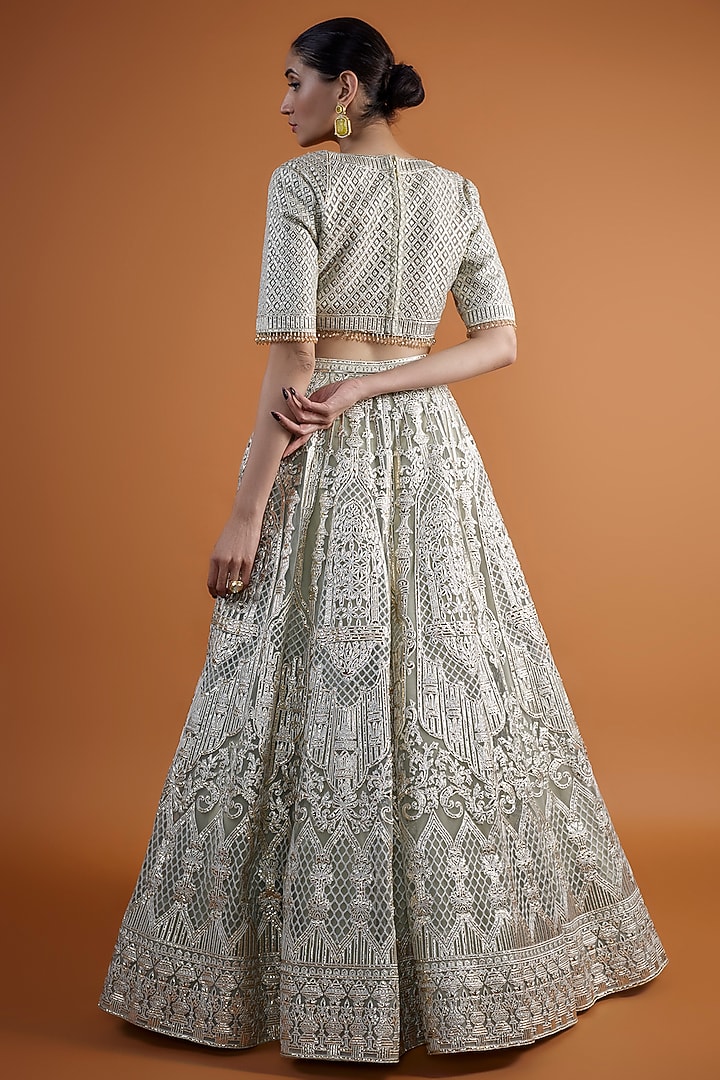 Mint Tulle Embroidered Bridal Lehenga Set by Falguni Shane Peacock at Pernia's Pop Up Shop