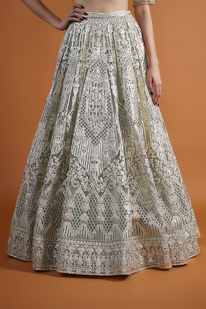 Mint Tulle Embroidered Bridal Lehenga Set by Falguni Shane Peacock at Pernia's Pop Up Shop